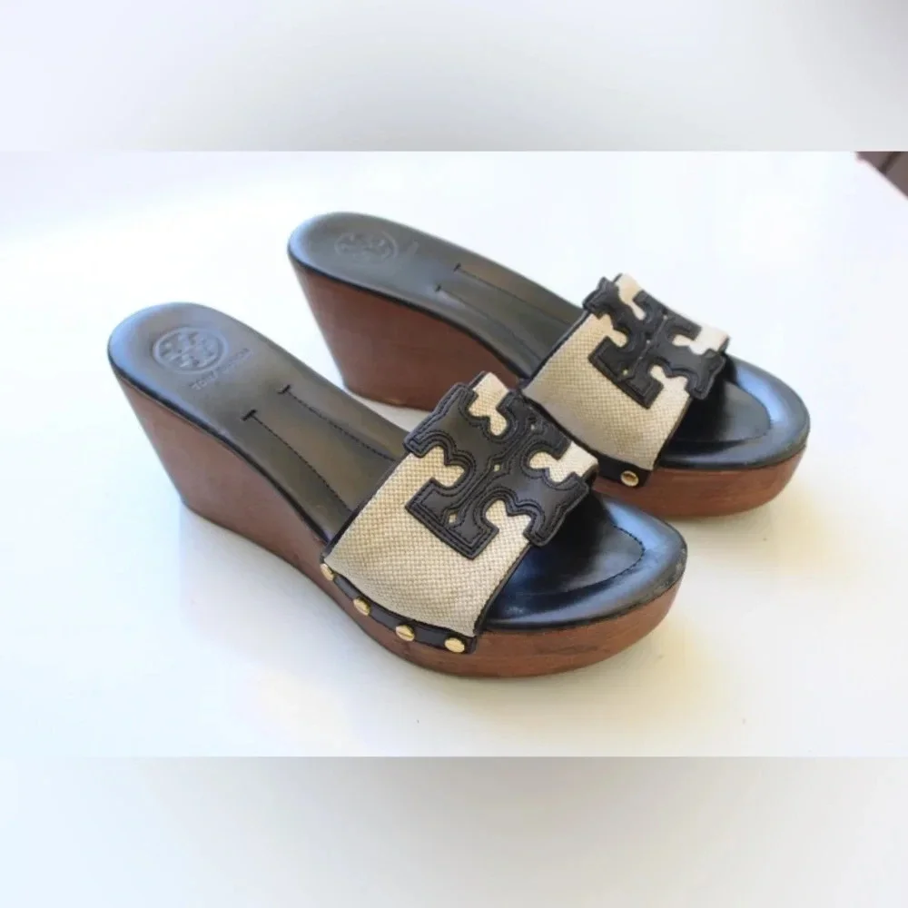 Tory Burch Black Leather and Beige Canvas Wedge Sandals